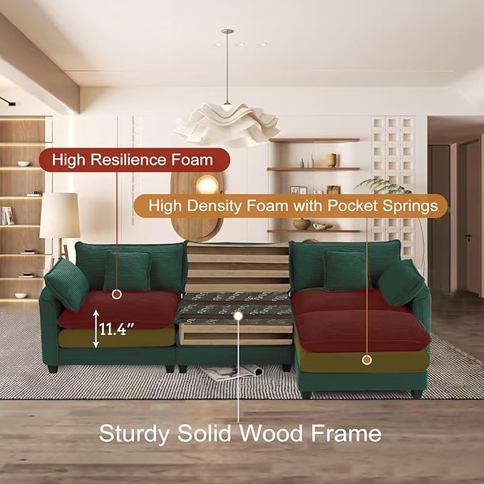 Furniliving 117‘’ L-Shaped Sofa, Luxury Corduroy Modular Sectional Couches - Image 3