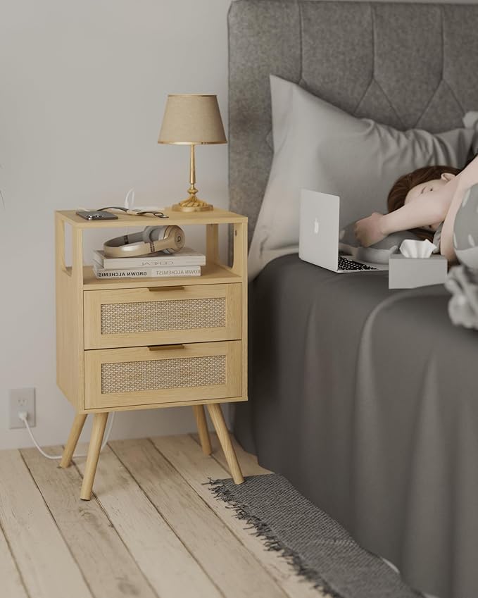 Rattan Nightstand with Charging Station, Modern Bedside Table with 2 Storage - Image 7