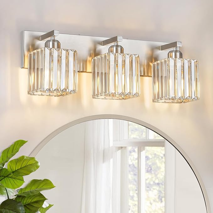 Modern Vanity Light 3-Lights Brushed Nickel Vanity Light Crystal Bathroom Wall - Image 2