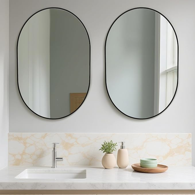 Oval Bathroom Mirror 22x30 Inch, Pill Shape Black Framed Wood Wall Mirrors - Image 6