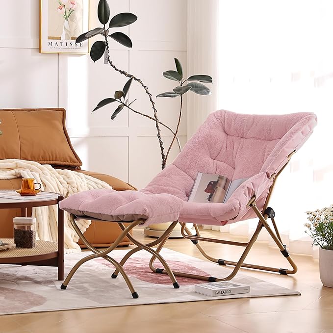 Comfy Folded Chair with Ottoman, Oversized Folding Faux Fur Chair Soft Furry - Image 8