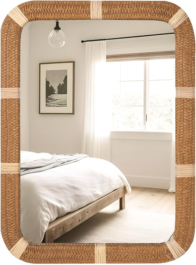 ULIKE Rectangle Rattan Wall Mirror, 22x30 Inch Rustic Farmhouse Wall Decor by ULIKE