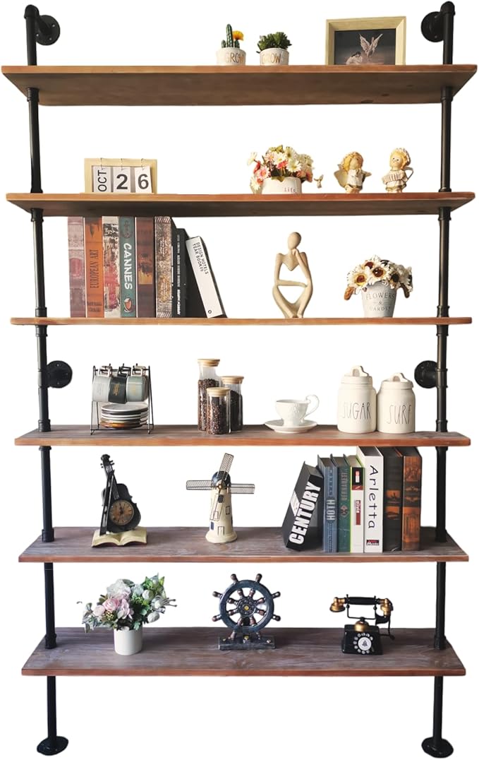 Industrial Ladder Pipe Shelf, Wall Mounted Wood Metal Bookshelf - Image 4