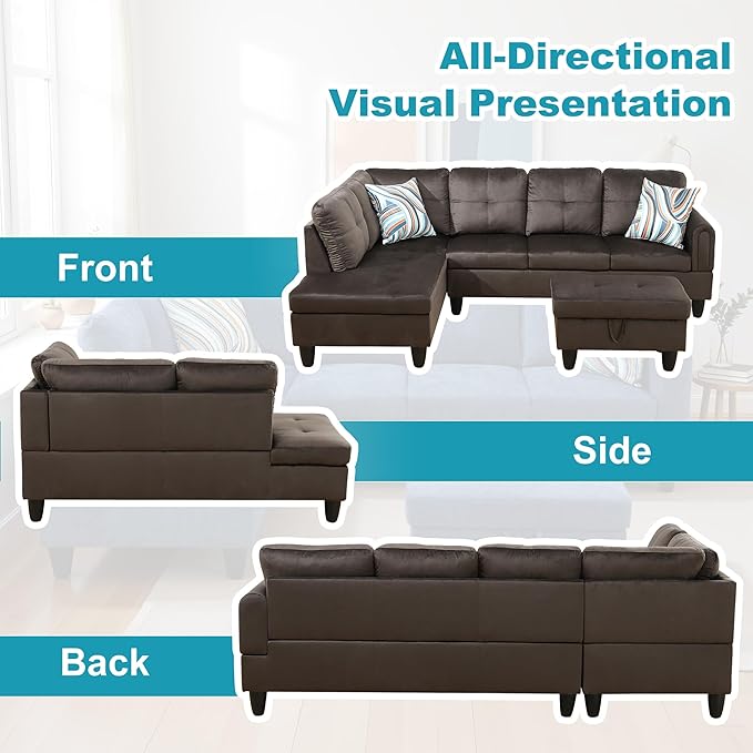 L Shaped Couch Modern Sectional Couch Upholstered Flannel Fabric 3 Pieces Sofas - Image 6