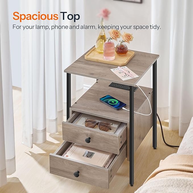 HOOBRO End Table with Charging Station, Nightstand with 2 Drawer & USB Ports & - Image 7