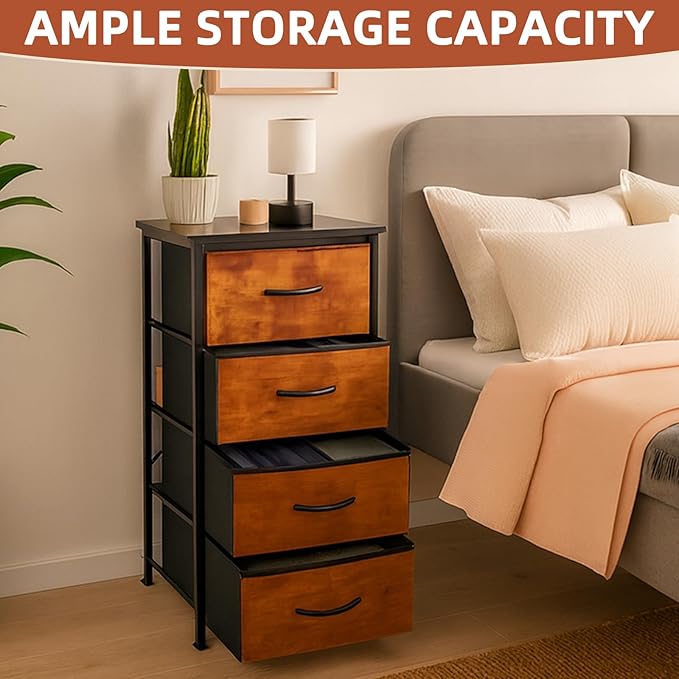 Nightstand with 4 Fabric Bins, Bedside Furniture, Night Stand, End Table - Image 4