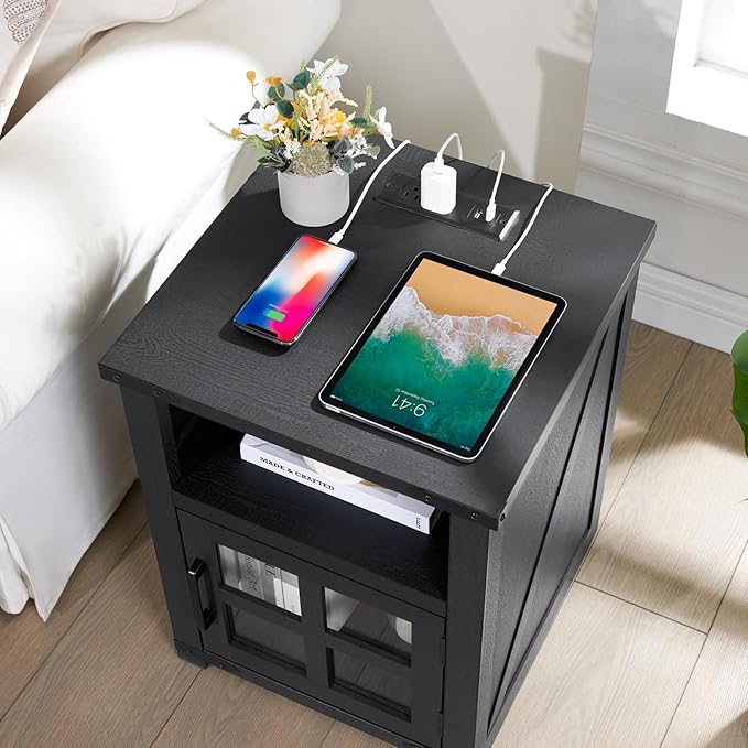 Farmhouse Nightstand with Charging Station, Rustic End Table with Tempered - Image 5