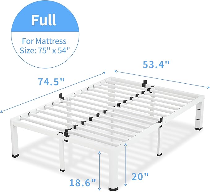 18 Inch Full Size White Bed Frame, 3500Lbs Heavy Duty Metal Platform - Image 3