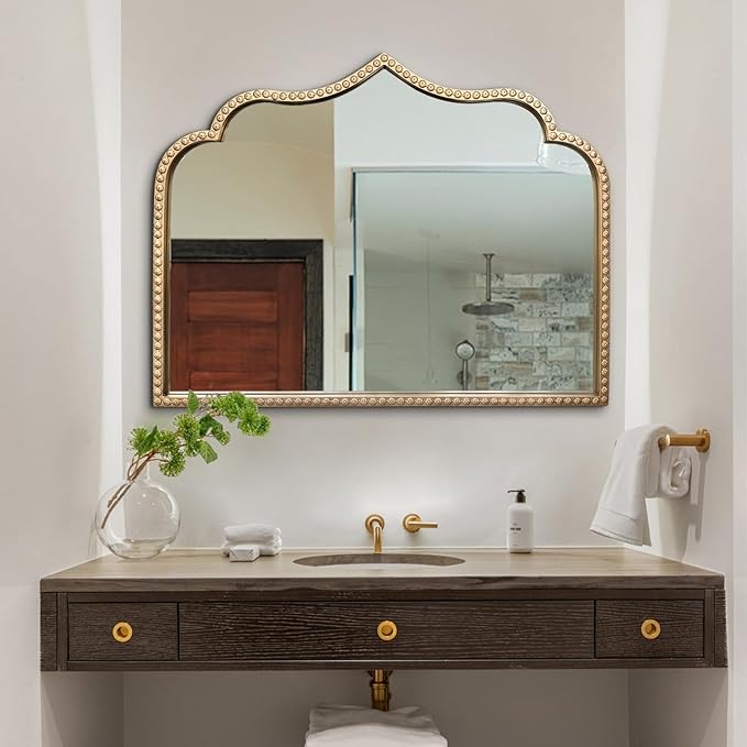 Gold Arched Mirror, Metal Beaded Frame Ornate Decorative Mirror, Scalloped - Image 6