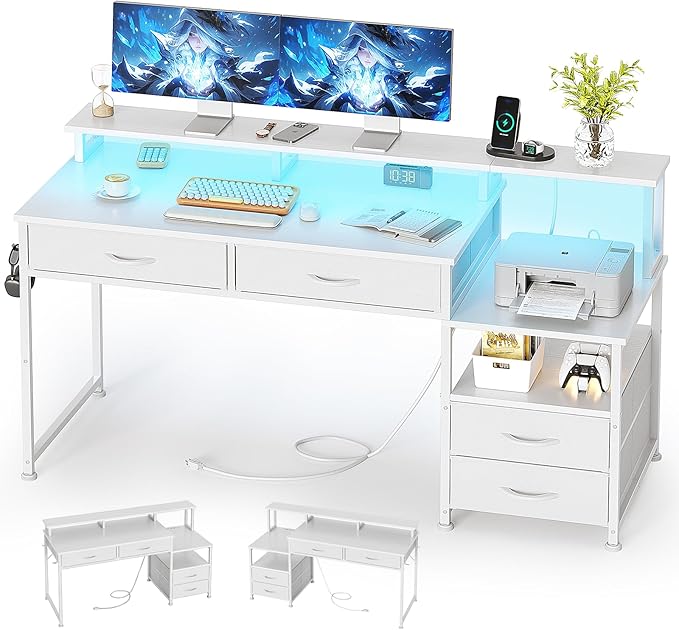 53" Computer Desk with 4 Drawers & Power Outlets, Reversible Home Office Desk by MUTUN