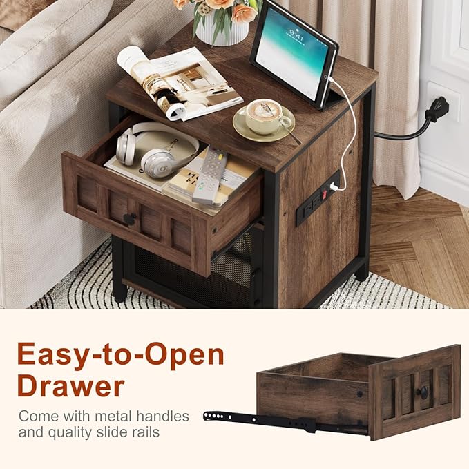 FATORRI End Table with Charging Station, Farmhouse Side Table with Drawer - Image 4