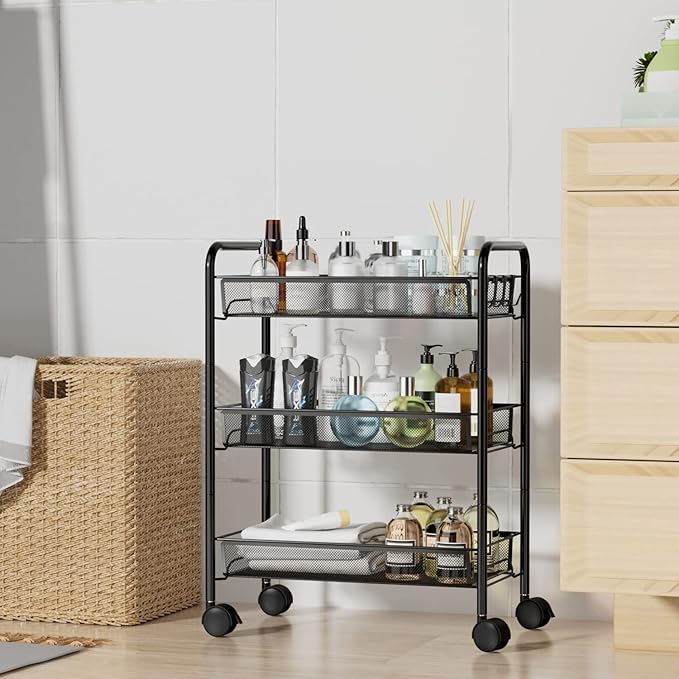 OVICAR Mesh Wire 3 Tier Rolling Cart, Kitchen Storage Utility Cart, Full Metal - Image 5