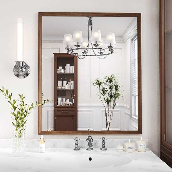 WEER Walnut Framed Mirror for Bathroom, 36x30 Inch Wall Mounted Mirror by WEER