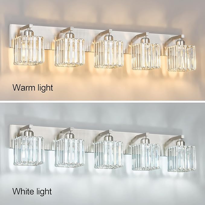 Modern Vanity Light 5-Lights Brushed Nickel Vanity Light Crystal Bathroom Wall - Image 4