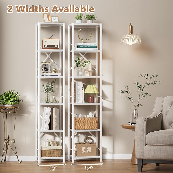 Furologee White Bookshelf 6 Tier Tall Narrow Bookcase, Modern Display Standing - Image 6