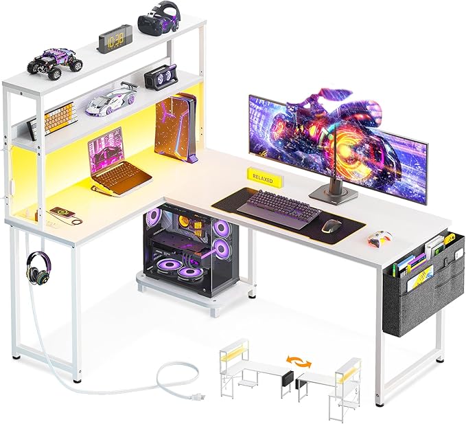 ODK 53 Inch L Shaped Desk with LED Lighting, Reversible Gaming Desk with Power by ODK