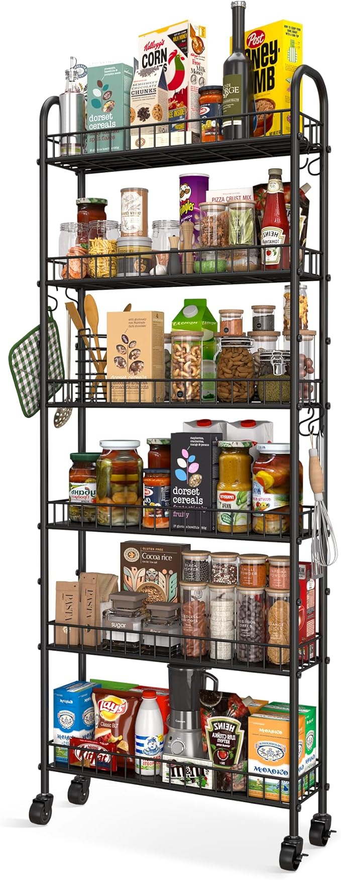 6 Tier Slim Storage Cart with Wheels, Metal Mobile Shelving Unit Organizer by Qiaoxuan