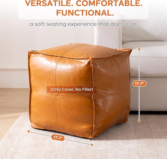 Pouf Ottoman Cover, 17.7" Square Unstuffed Pouf Cover, Faux PU Leather Moroccan - Image 2