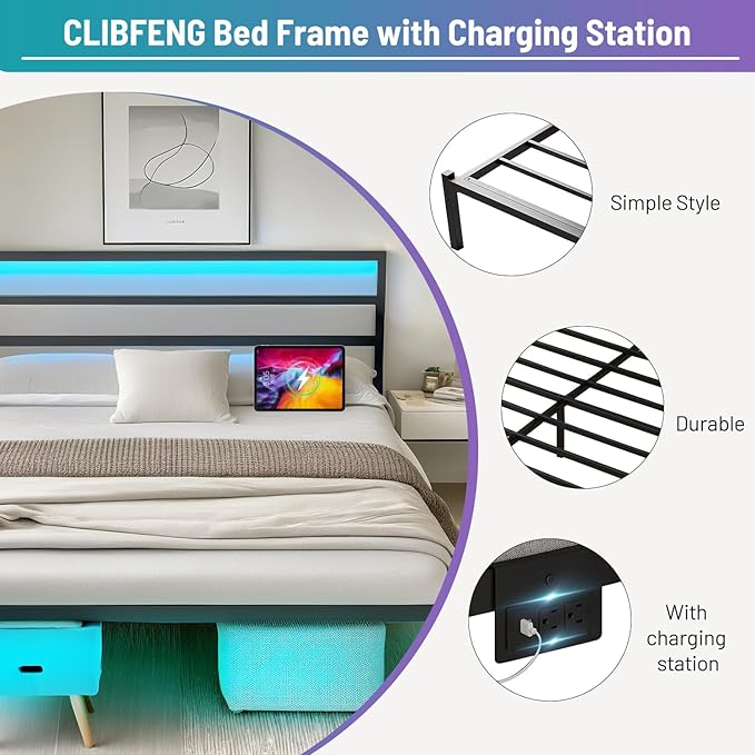 Queen Bed Frame with Headboard, Heavy Duty Steel Slats Support-LED Bed Frame - Image 4