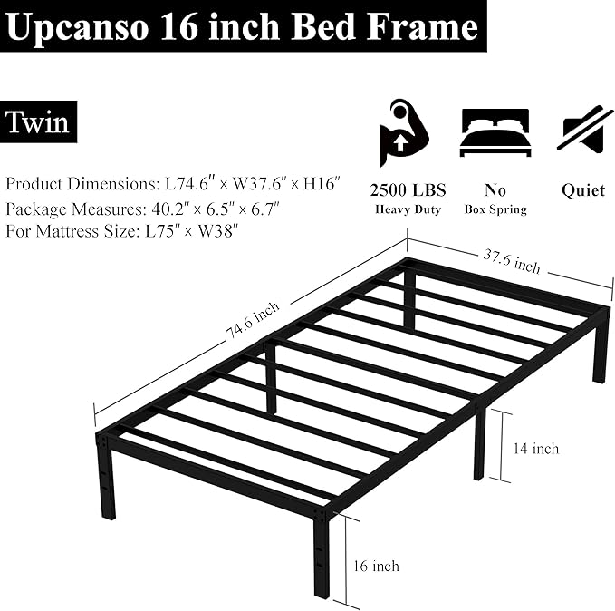 16 Inch Twin Bed Frames No Box Spring Need, Metal Platform Bed Frame Twin Size - Image 3