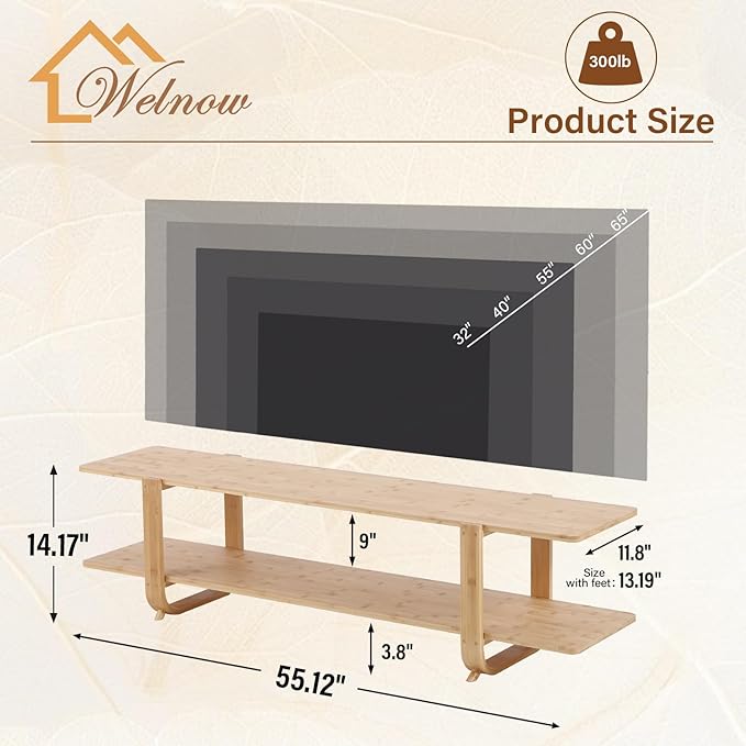Welnow Bamboo TV Stand for Up to 65 Inch, Mid Century Modern Entertainment - Image 2