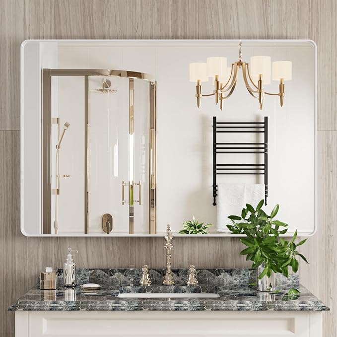 White Bathroom Mirror 48x32 Inch, Rounded Rectangle Matte Bathroom Vanity Mirror by JISOSO