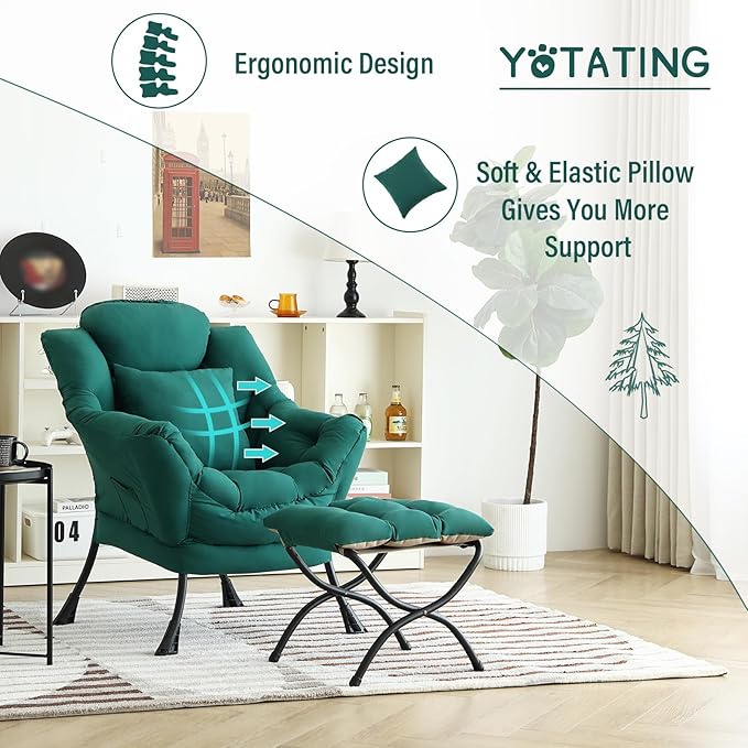 Lazy Chair with Ottoman, Comfy Reading Chair with Footstool & Pillow Modern - Image 8