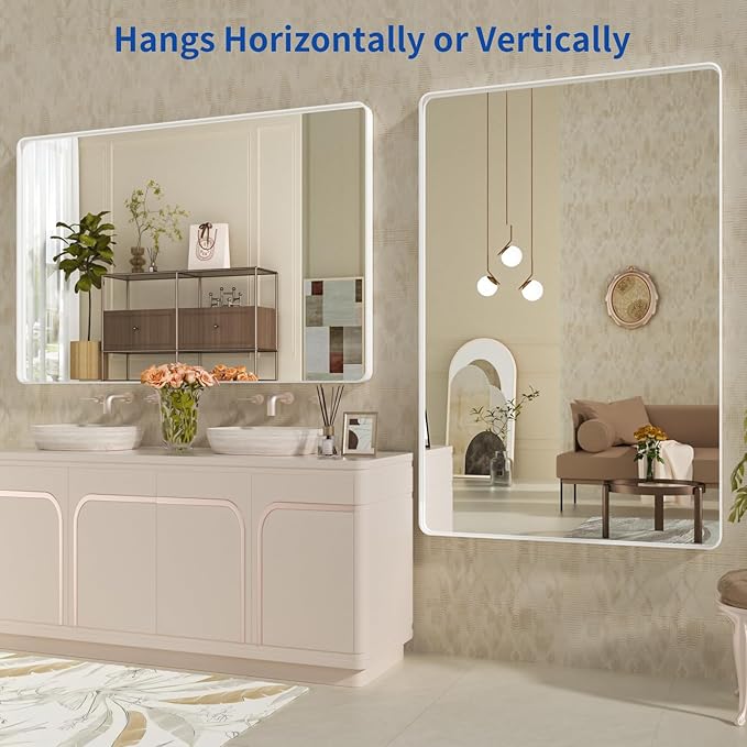 WEER White Bathroom Mirror 55X36 Inch, Rounded Rectangle White Metal Frame - Image 5