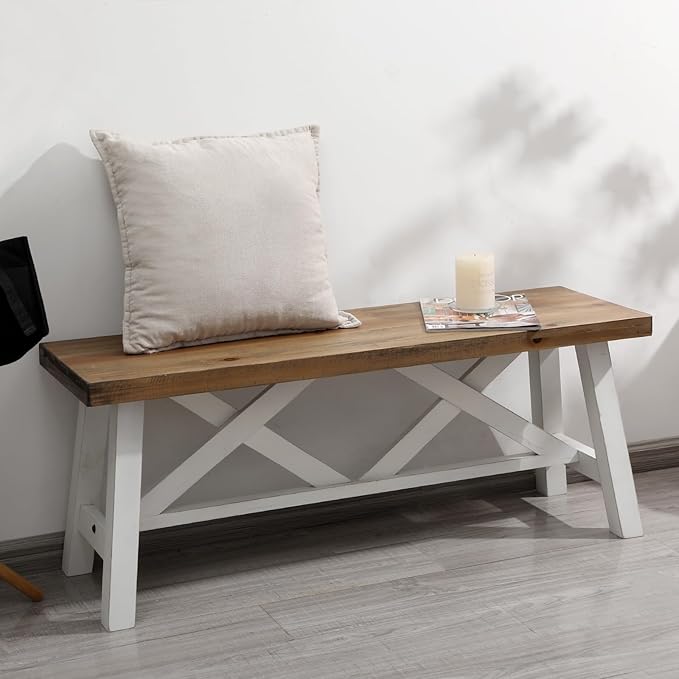 Wnutrees 43" Farmhouse Wood Bench, Rustic Solid Wood Entryway Bench Seat - Image 6