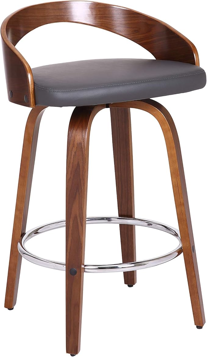 Armen Living Sonia 26" Counter Height Swivel Gray Faux Leather and Walnut Wood by ArmenLiving