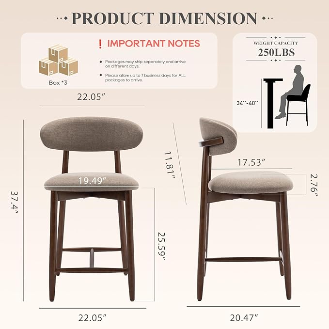 COLAMY Mid-Century Modern Upholstered Counter Height Bar Stools Set of 6 - Image 2