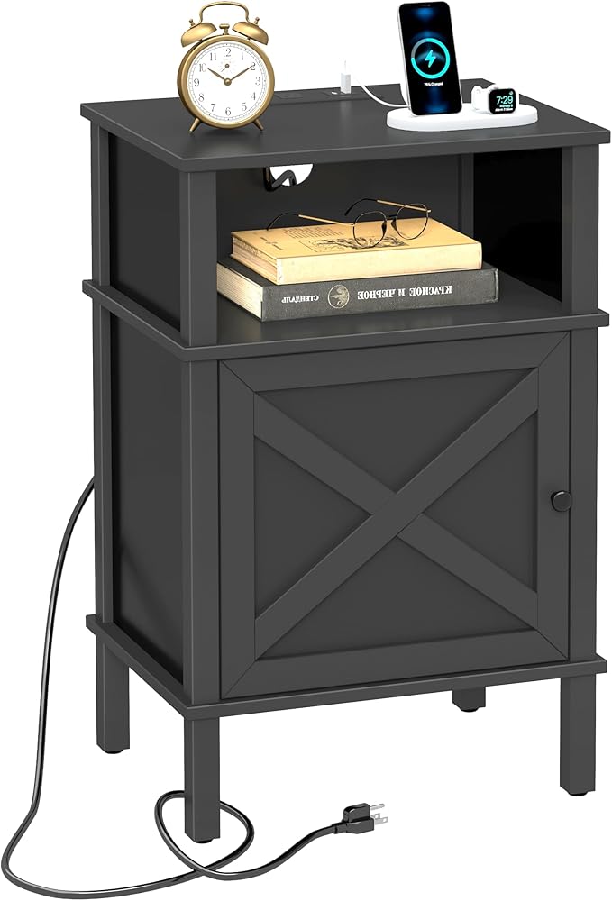 Nightstand with Charging Station, Farmhouse Nightstand, end Table with 2 Tiers by CIILAAILE