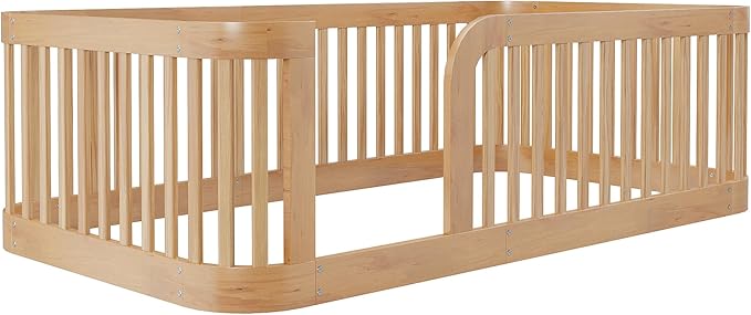 Bellemave Twin Floor Bed with High Fence and Rounded Corner Design, Wood - Image 6