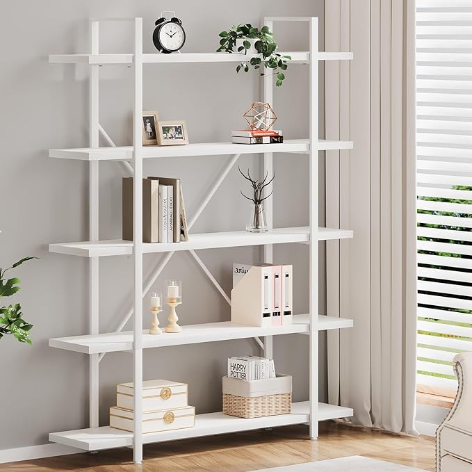 HSH 5 Tier Tall White Bookshelf, Metal and Wood Storage Book Shelves by HOMESWEETHOME