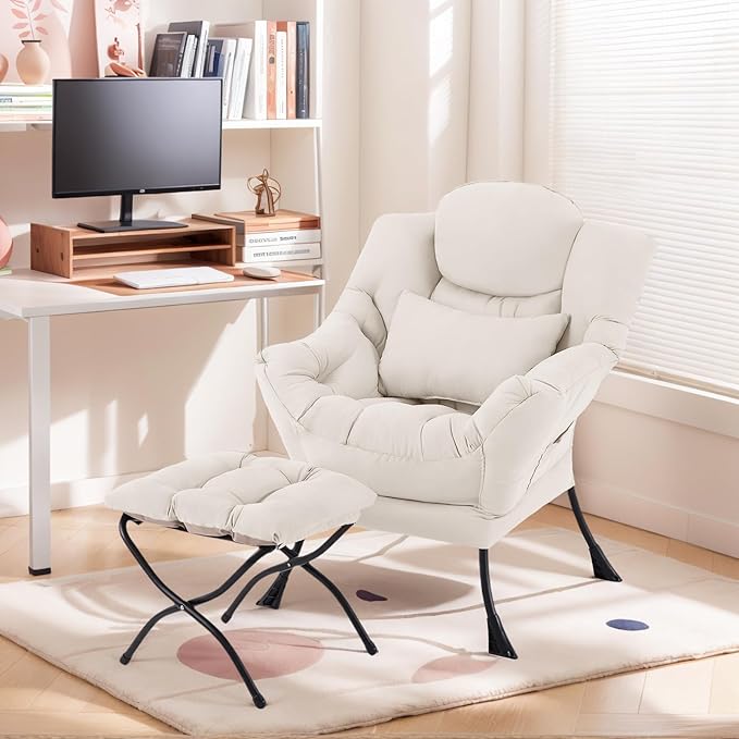 Lazy Chair with Ottoman, Comfy Fabric Accent Lounge Arm Chair with Lumbar - Image 3