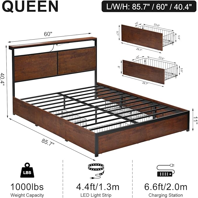 Queen Bed Frame with Storage Headboard and 4 Drawers Bed Frame Queen Size with - Image 2