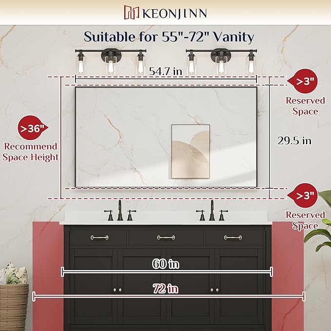 Keonjinn Black Framed Bathoom Mirror 55 x 30 Inch Large Rectangle Vanity Wall - Image 5