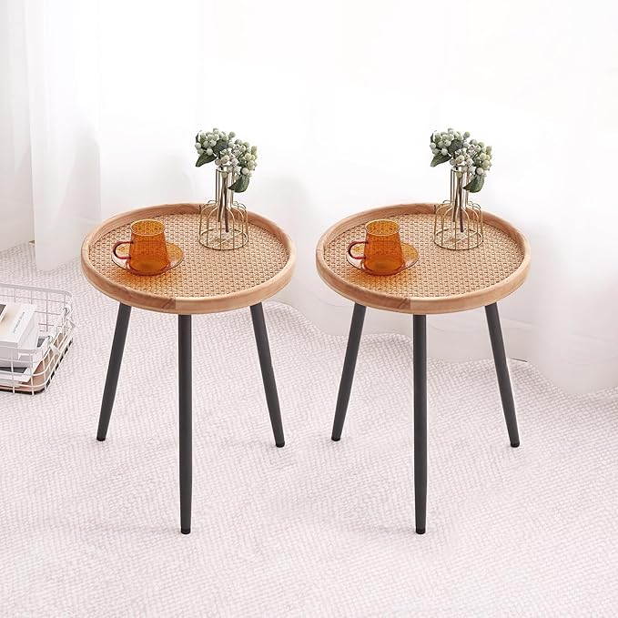 Tiita 2 Pack Rattan Round End Table Mental Side Table Nightstand/Small Wood - Image 2