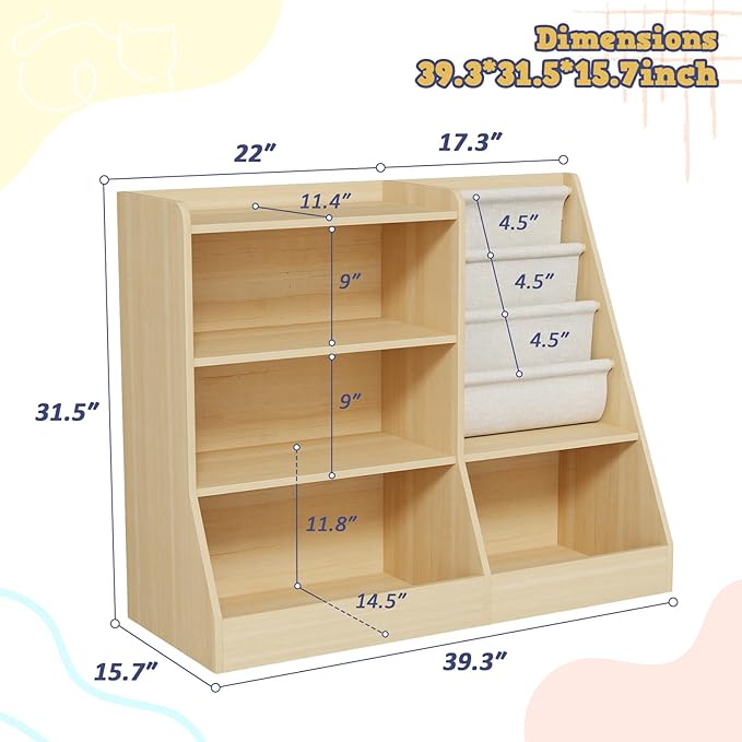 39" Large Kids Wooden Bookshelf and Toy Storage Organizer, Baby Bookcase - Image 2