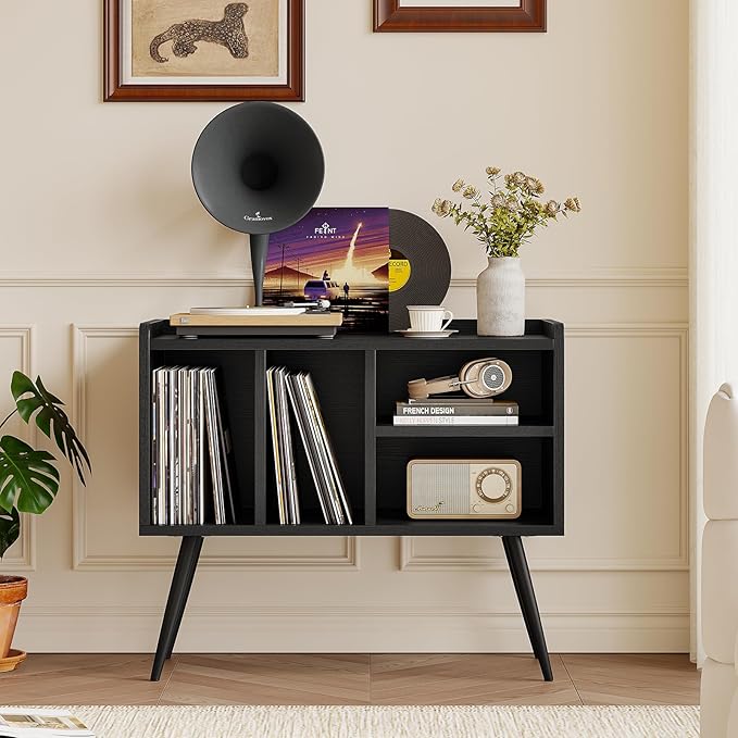 Record Player Stand with Vinyl Storage, Turntable Stand with Solid Wood Legs - Image 3