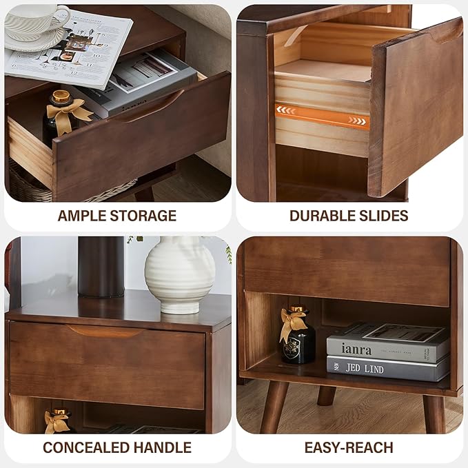 CozyDH Nightstand with Drawer and Opening Storage, Solid Wood Modern Bedside - Image 4