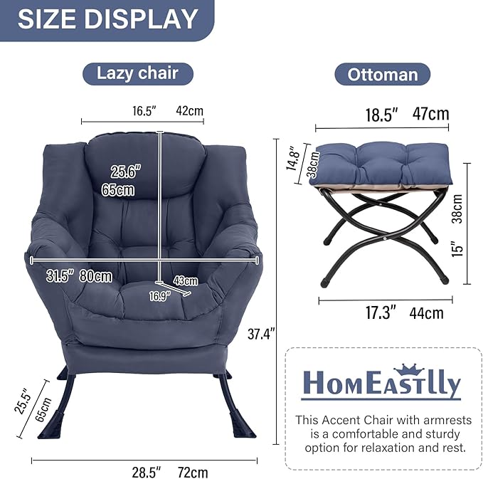 Lazy Chair with Ottoman, Large Modern Lounge Accent Chair with Armrests and - Image 3