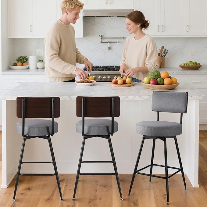 Counter Height Bar Stools, Round Swivel Bar Chair, Fabric Upholstered Barstools - Image 8