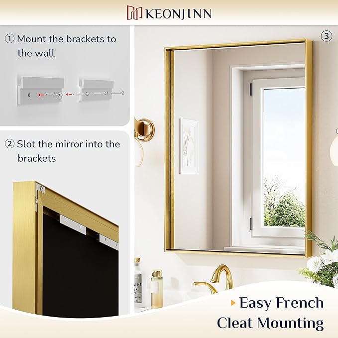 Keonjinn Brushed Shiny Gold Bathroom Mirror 22 x 30 Inch, Rectangle Gold Vanity - Image 4