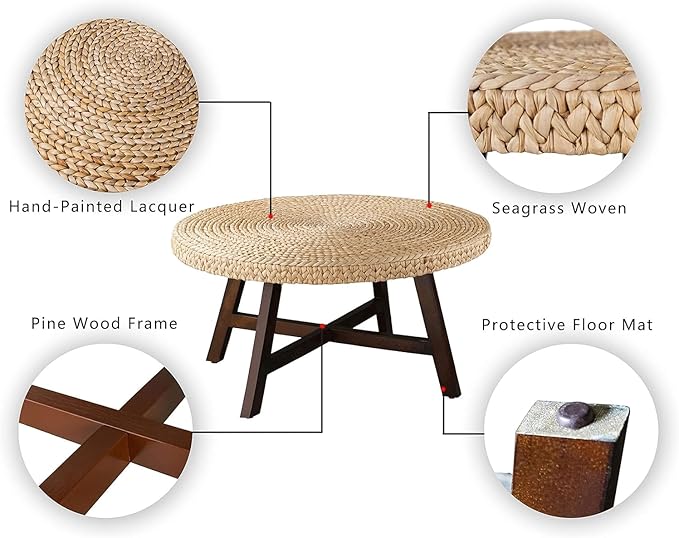 RANDEFURN Coffee Table Round, Seagrass Coffee Tables, Pine Wood X Base Frame - Image 7