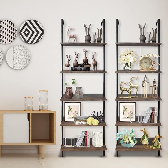 5 Tiers Ladder Shelf Brown Modern Bookshelf Open Tall Wall Mount Bookcase - Image 7