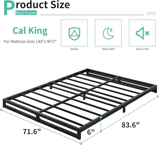 6 Inch California King Bed Frames No Box Spring Needed Heavy Duty Metal Cal - Image 2