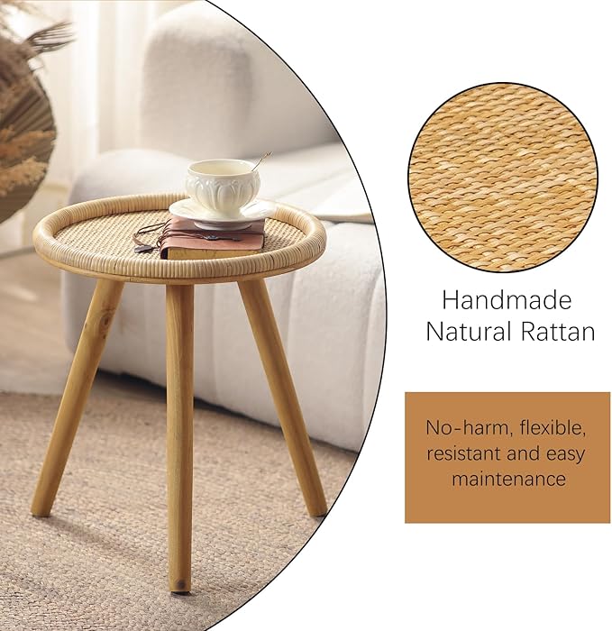 Rattan Round Coffee Table, Boho Circle Side Table End Table - Image 5