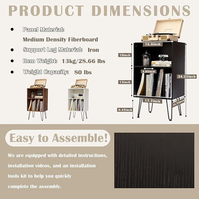 Record Player Stand with Vinyl Storage, Vinyl Record Storage Cabinet Holds Up - Image 7
