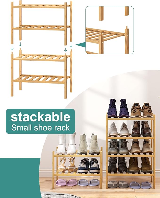 Small Shoe Rack, 4-Tier Rack for Entryway, Bamboo Wood Shoe Shelf for Closet & - Image 5